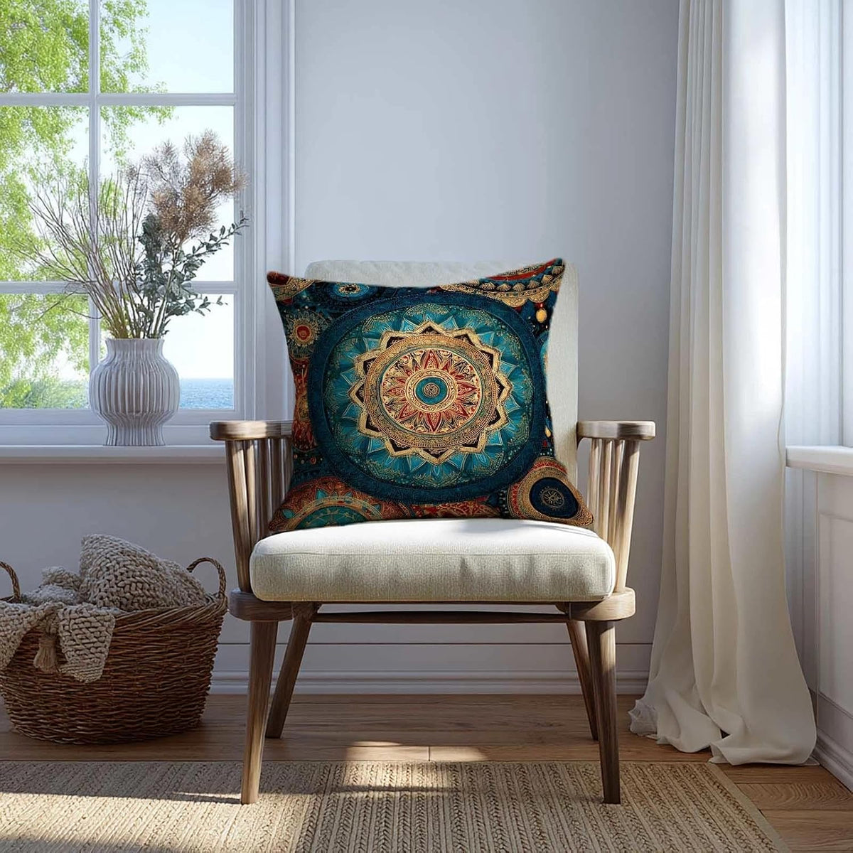 Teal Boho Mandala Throw Pillow Covers 18x18 Set of 2