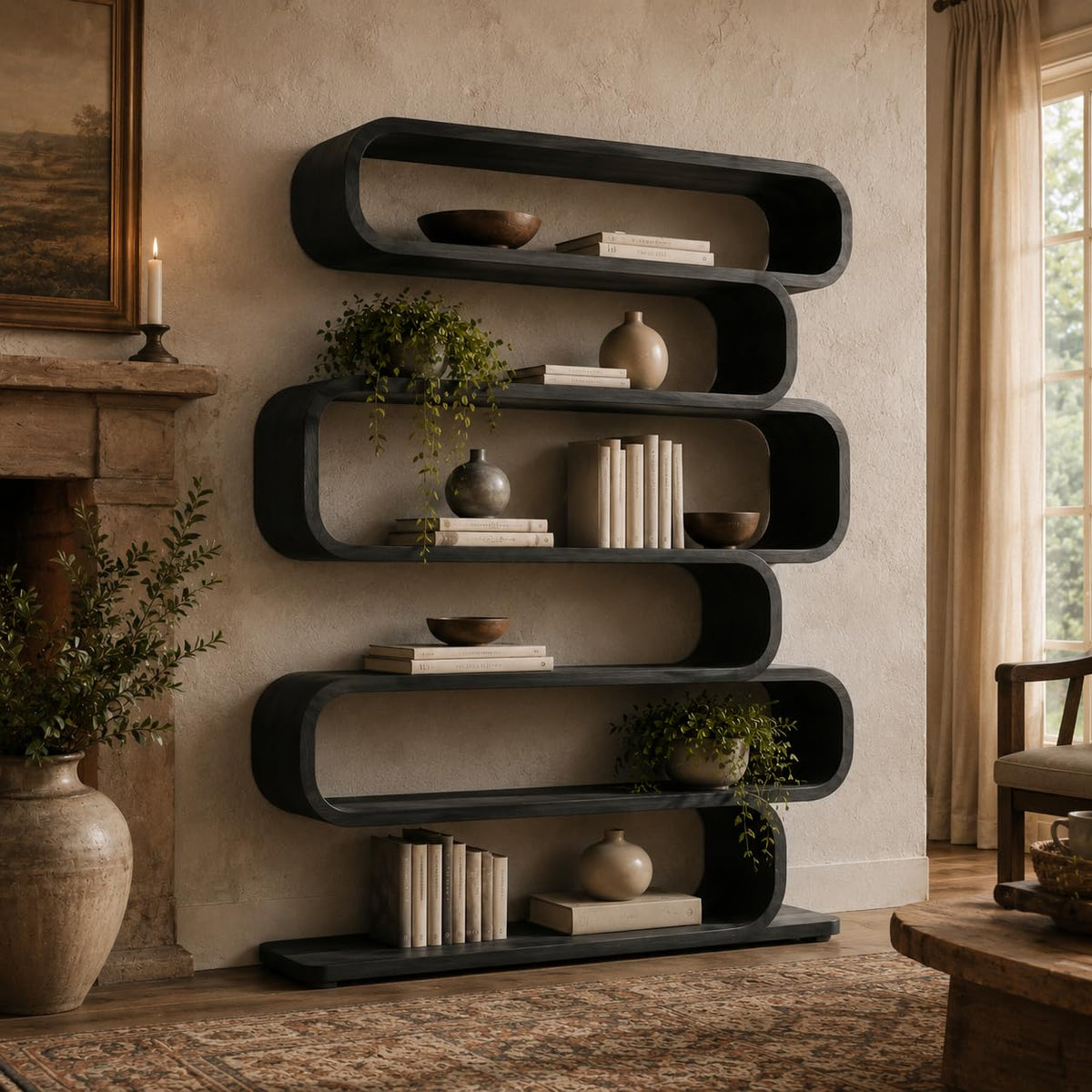 Sculptural Wood Bookshelf, Curved Solid Wood Bookcase for Living Room or Office, Modern Display Storage Shelf (Option 4)