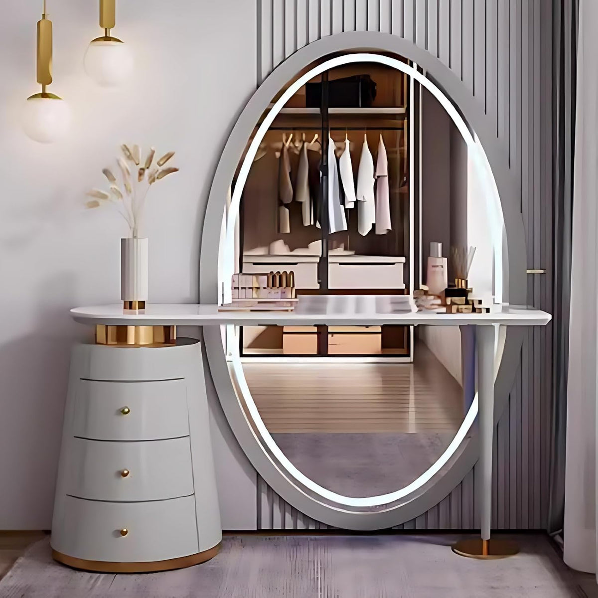 Solid Wood Vanity Set with LED Mirror & Stone Board Top