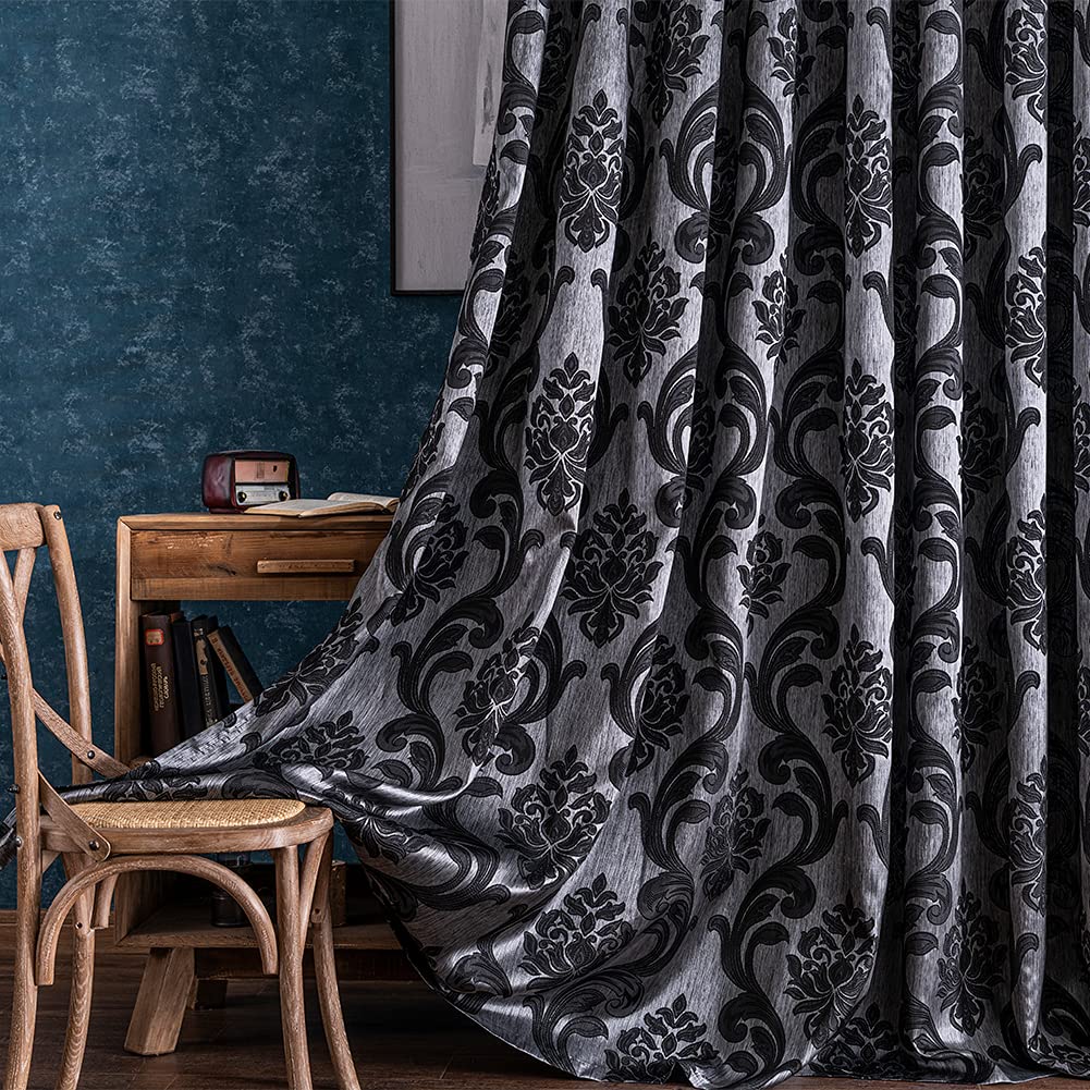 Brown Damask Grommet Curtains, Set of Two