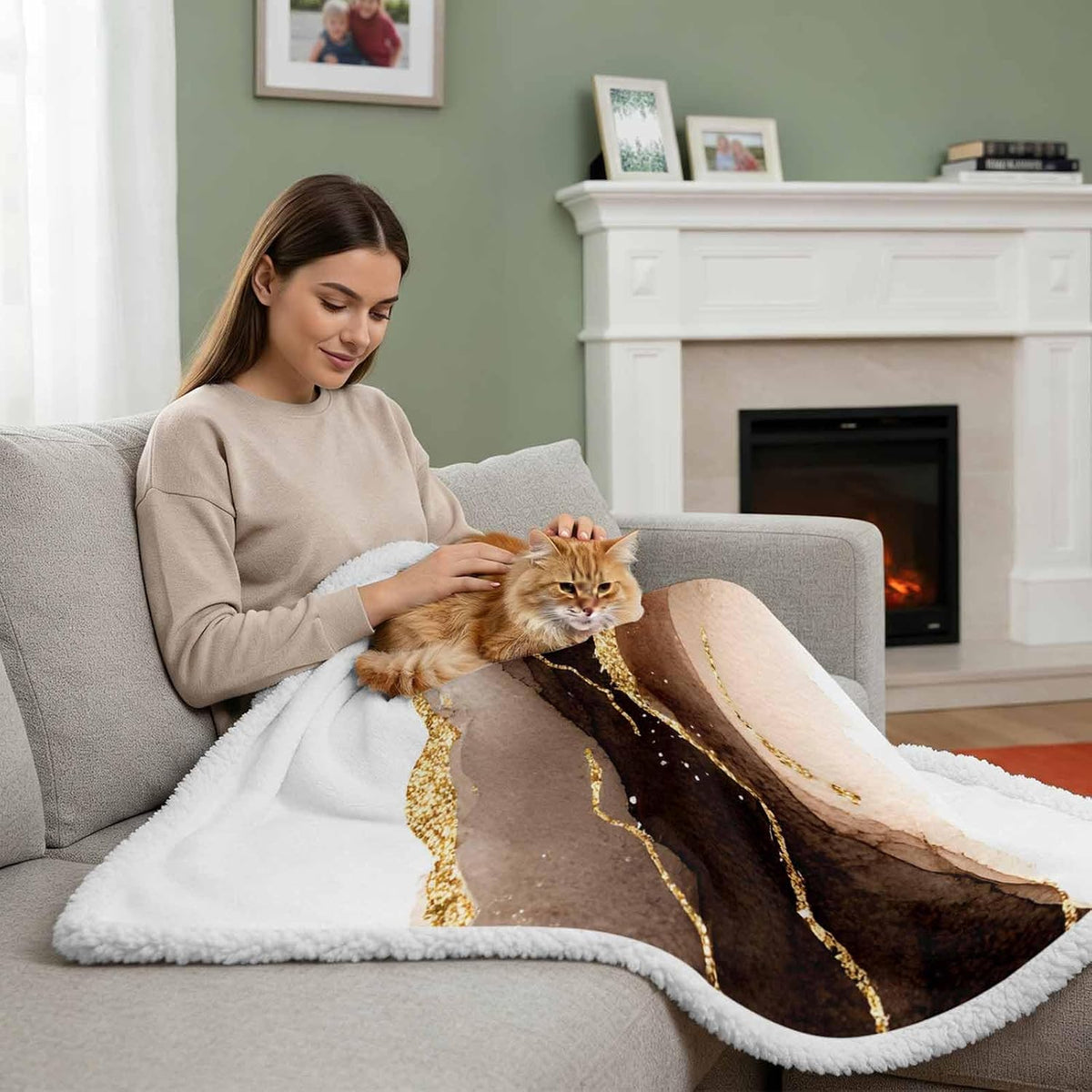 Brown & Gold Marble Sherpa Fleece Throw Blanket