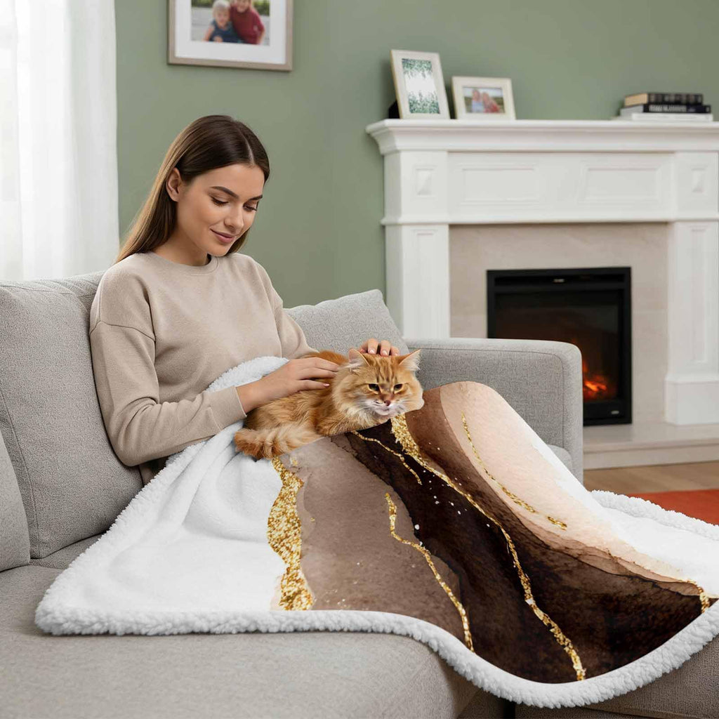 Brown & Gold Marble Sherpa Fleece Throw Blanket