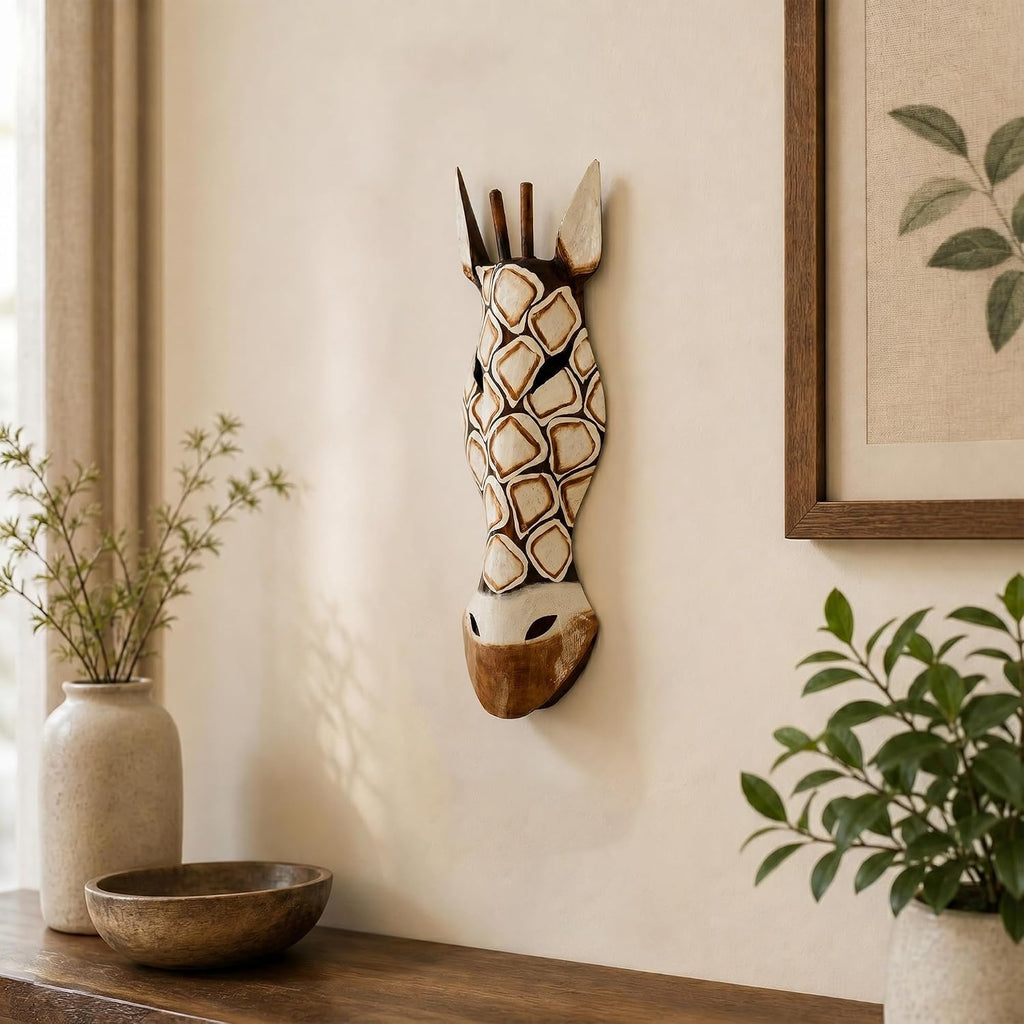 G6 Collection 20" African Wooden Tribal Giraffe Mask Hand Carved Wall Plaque