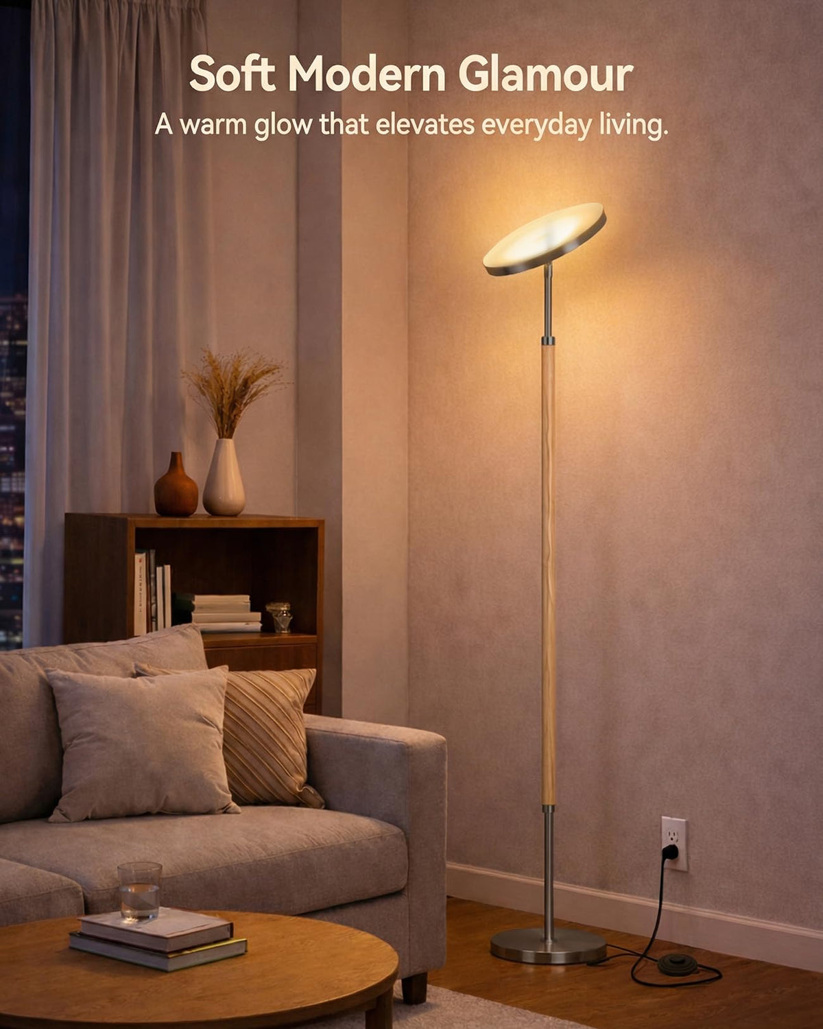 JOOFO Wood LED Torchiere Floor Lamp with Remote, 3000LM Dimmable