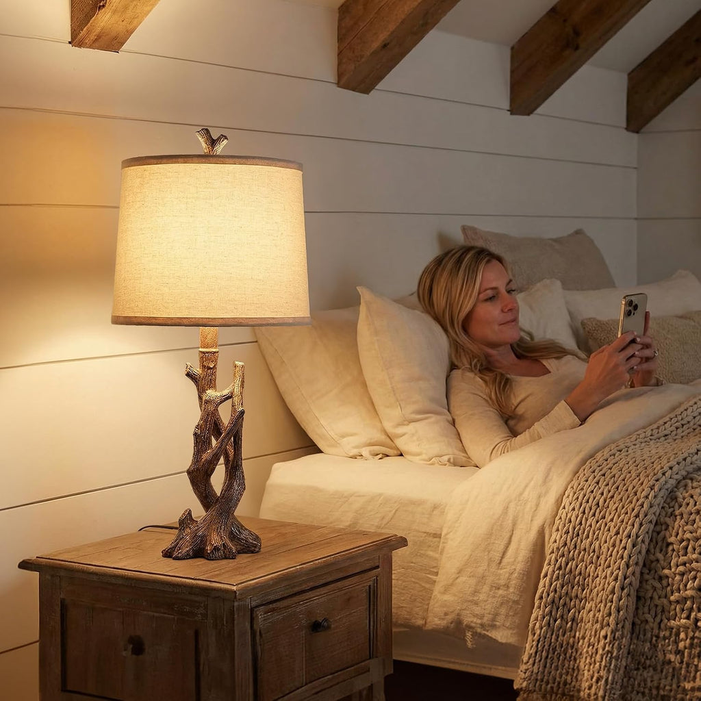 Rustic Tree-Trunk Table Lamp with Oatmeal Shade