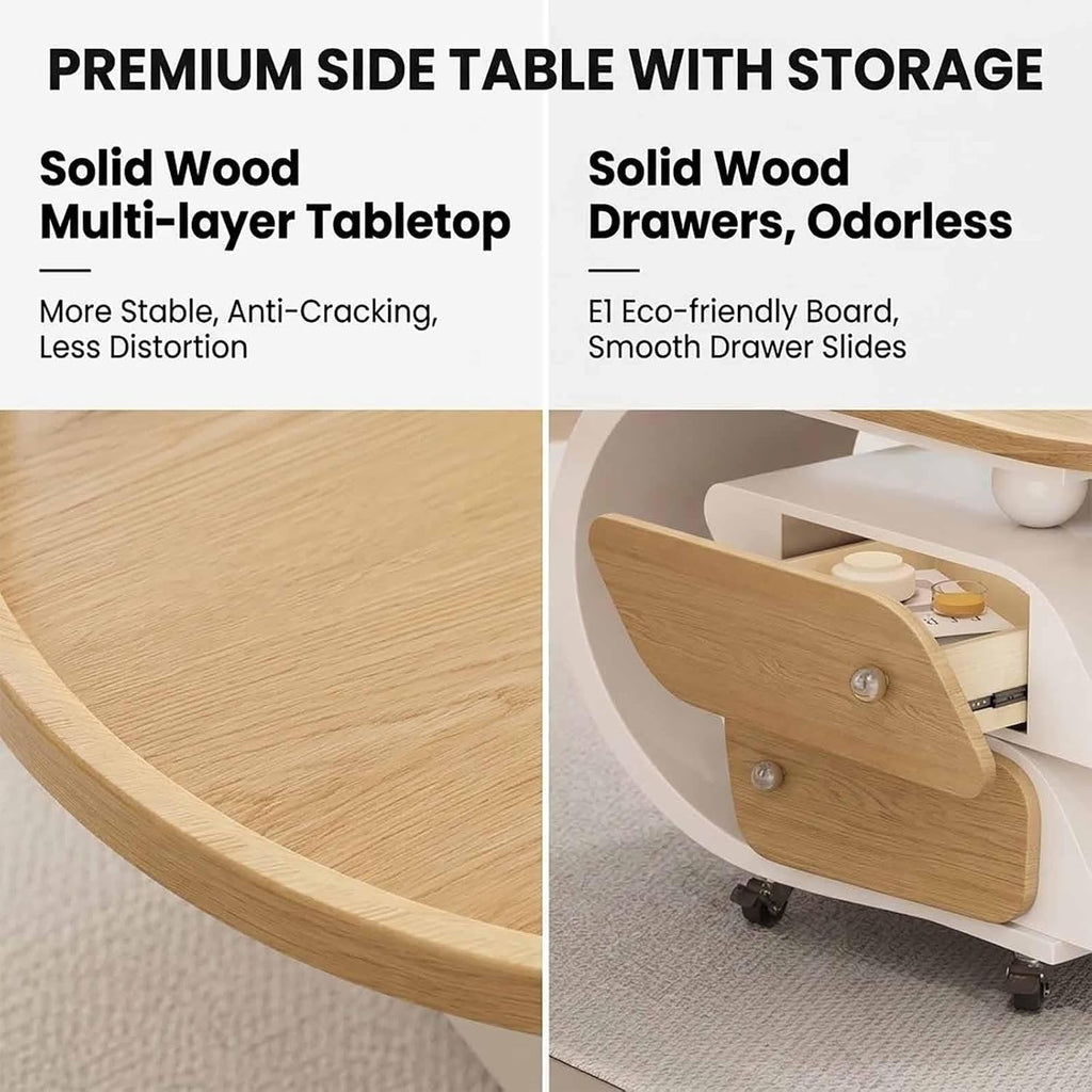 Rolling Wood-Top Storage Side Table