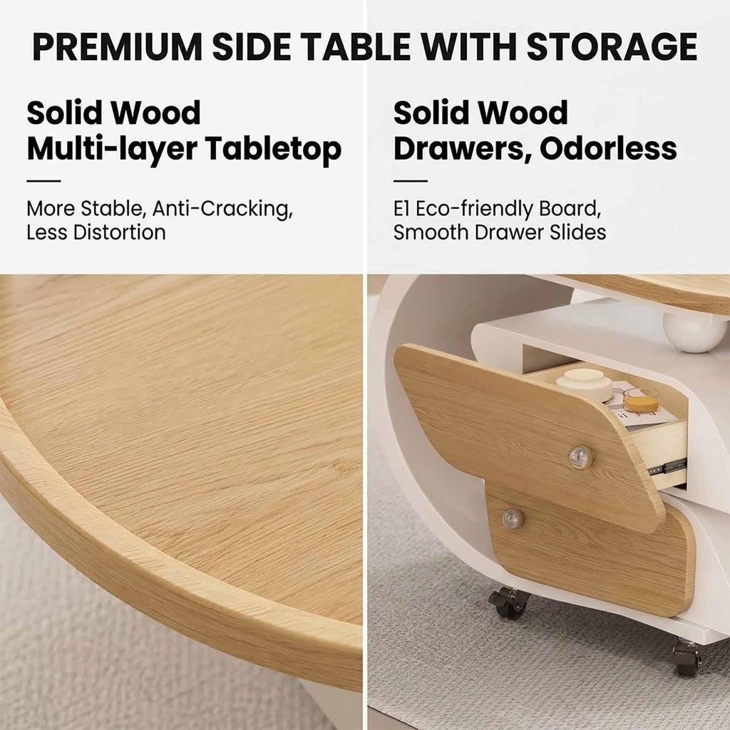 Rolling Wood-Top Storage Side Table