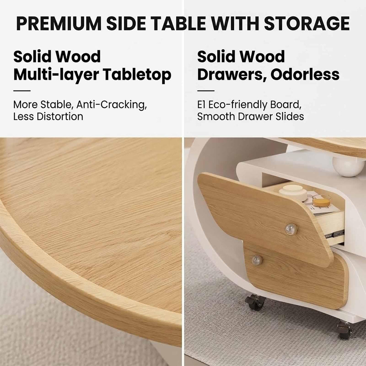 Rolling Wood-Top Storage Side Table
