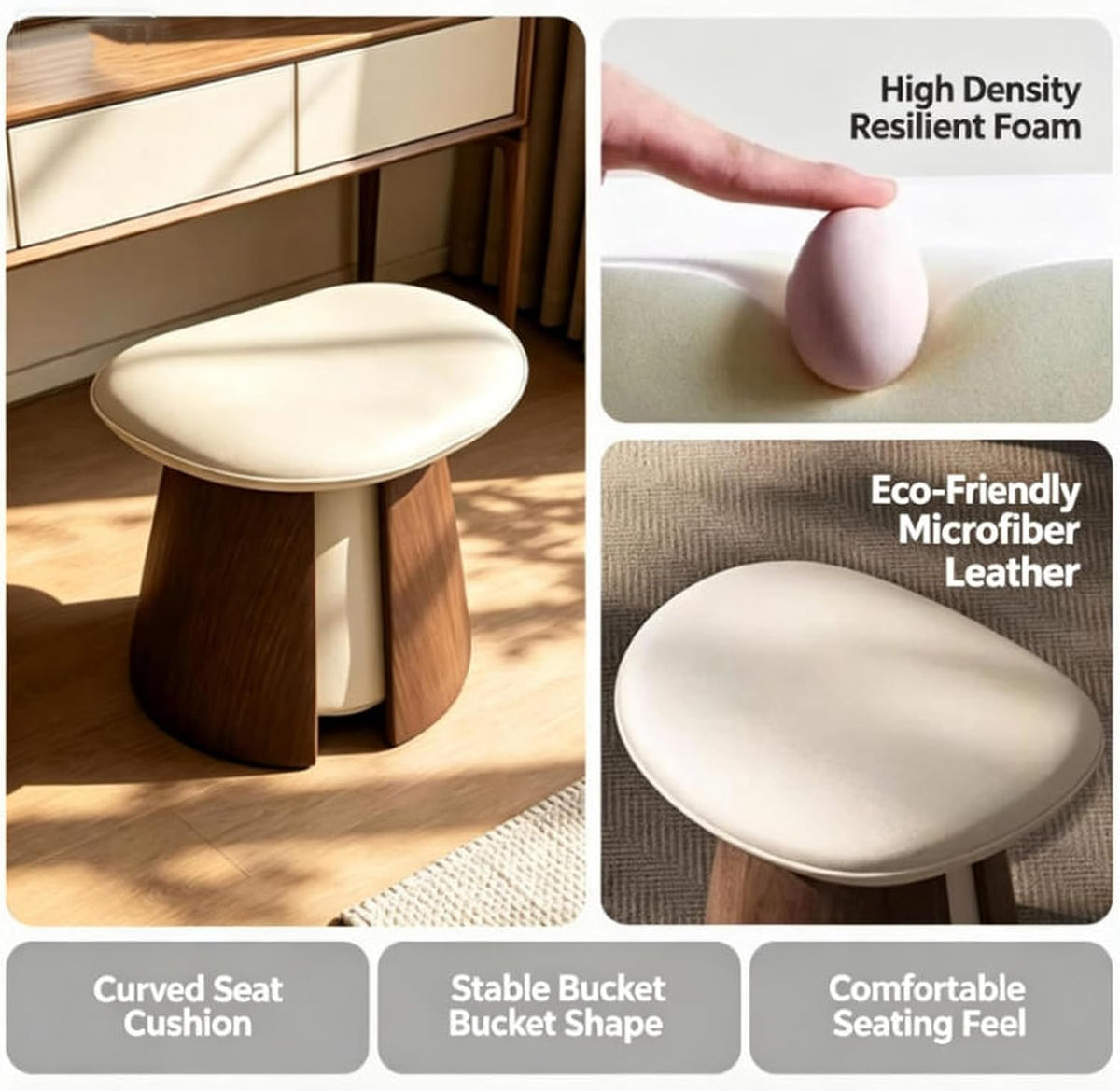 Modern Curved Vanity Stool with Solid Wood Legs