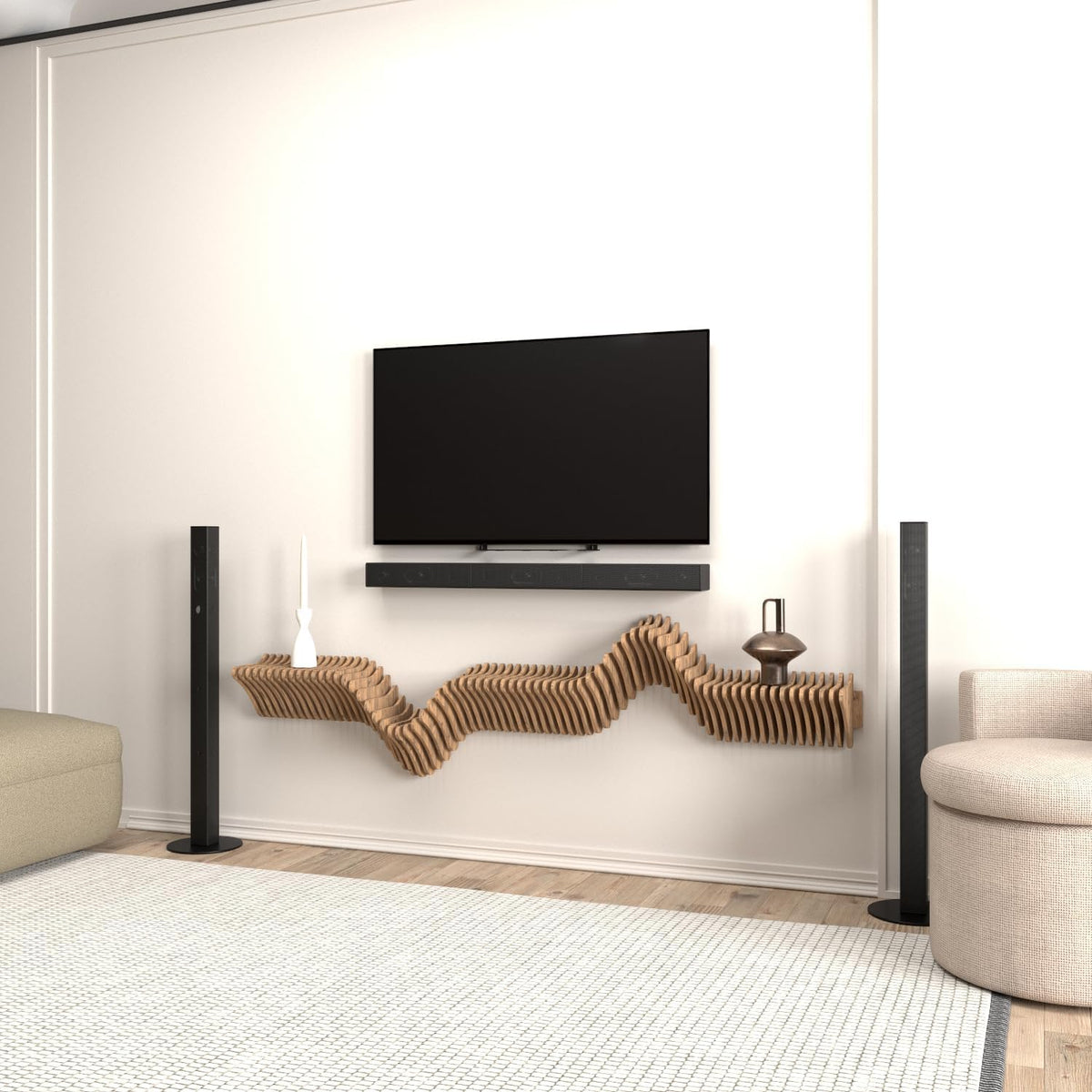 Parametric 63' Floating Shelf Modern Geometric Wooden 3D Wavy Wall Piece