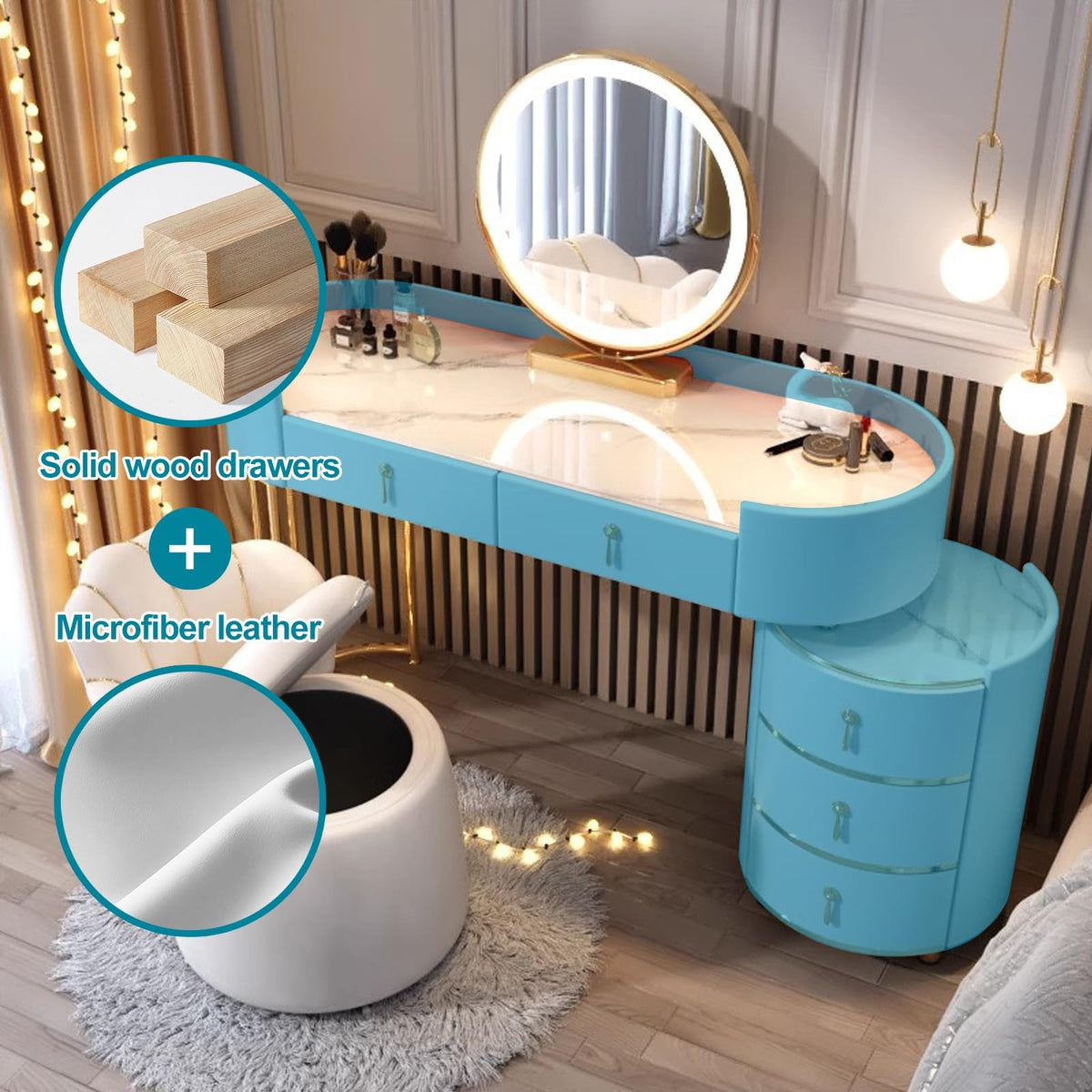 Solid Wood Vanity Set with 3-Color LED Mirror & Marble Top