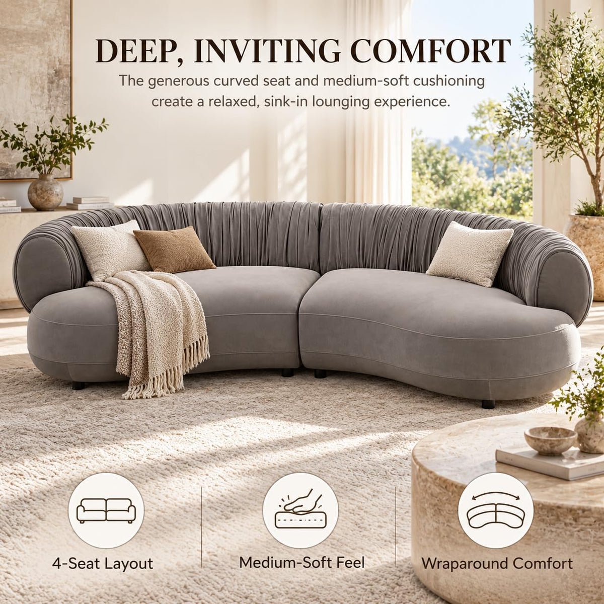 102.36" Curved Sectional Sofa, Gray Velvet 4-Seat Couch