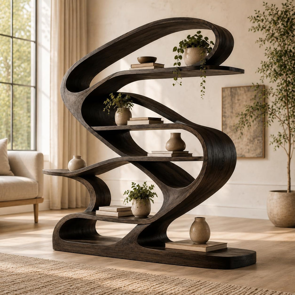 Artistic Wooden Bookshelf, Solid Wood Curved Bookcase with Open Shelves, Freestanding Display Storage for Living Room (Option 2)