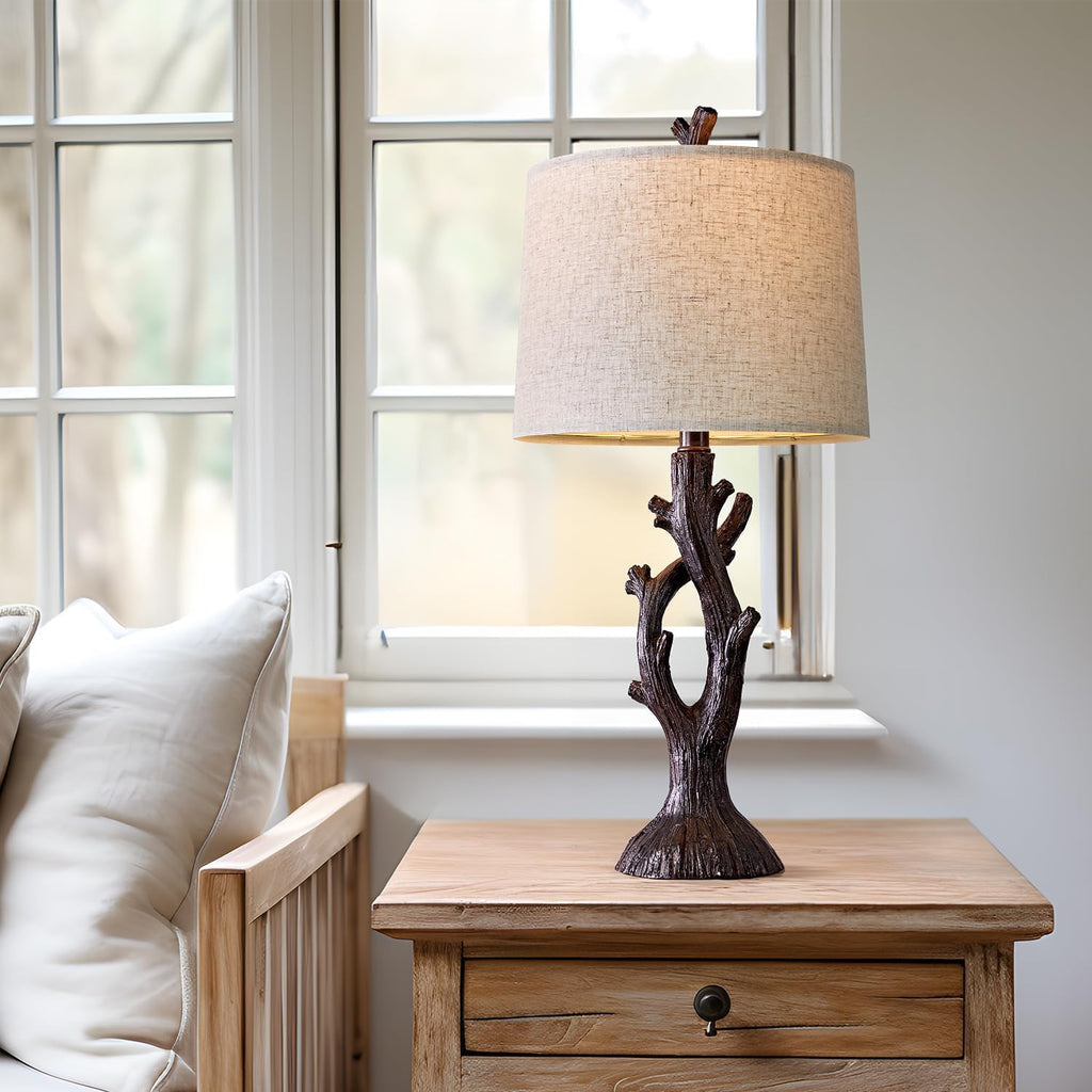 Rustic Tree-Trunk Table Lamp with Oatmeal Shade