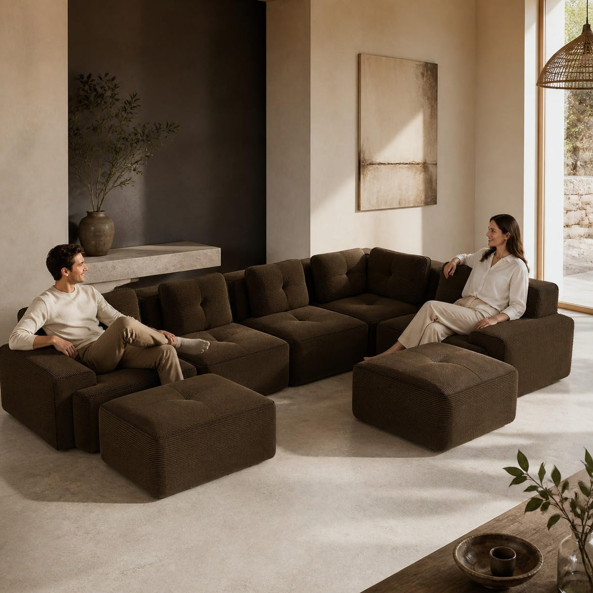 Camel Couch, Corduroy Couch, Boneless Modular Sectional Sofa Set, 5-Seat, Oversized