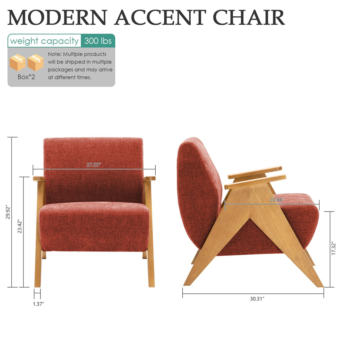 2 Pcs Home Accent Chair Mid Century Modern Accent Chair with Wood Frame
