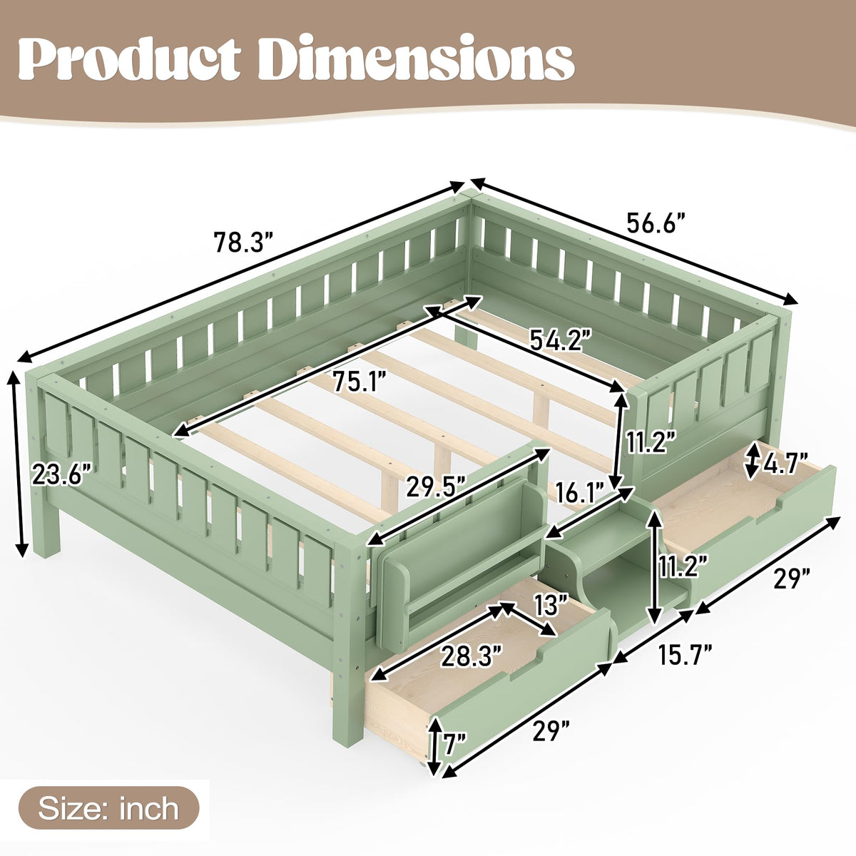 Montessori Bed with Stairs, Bookshelf & Storage Drawers