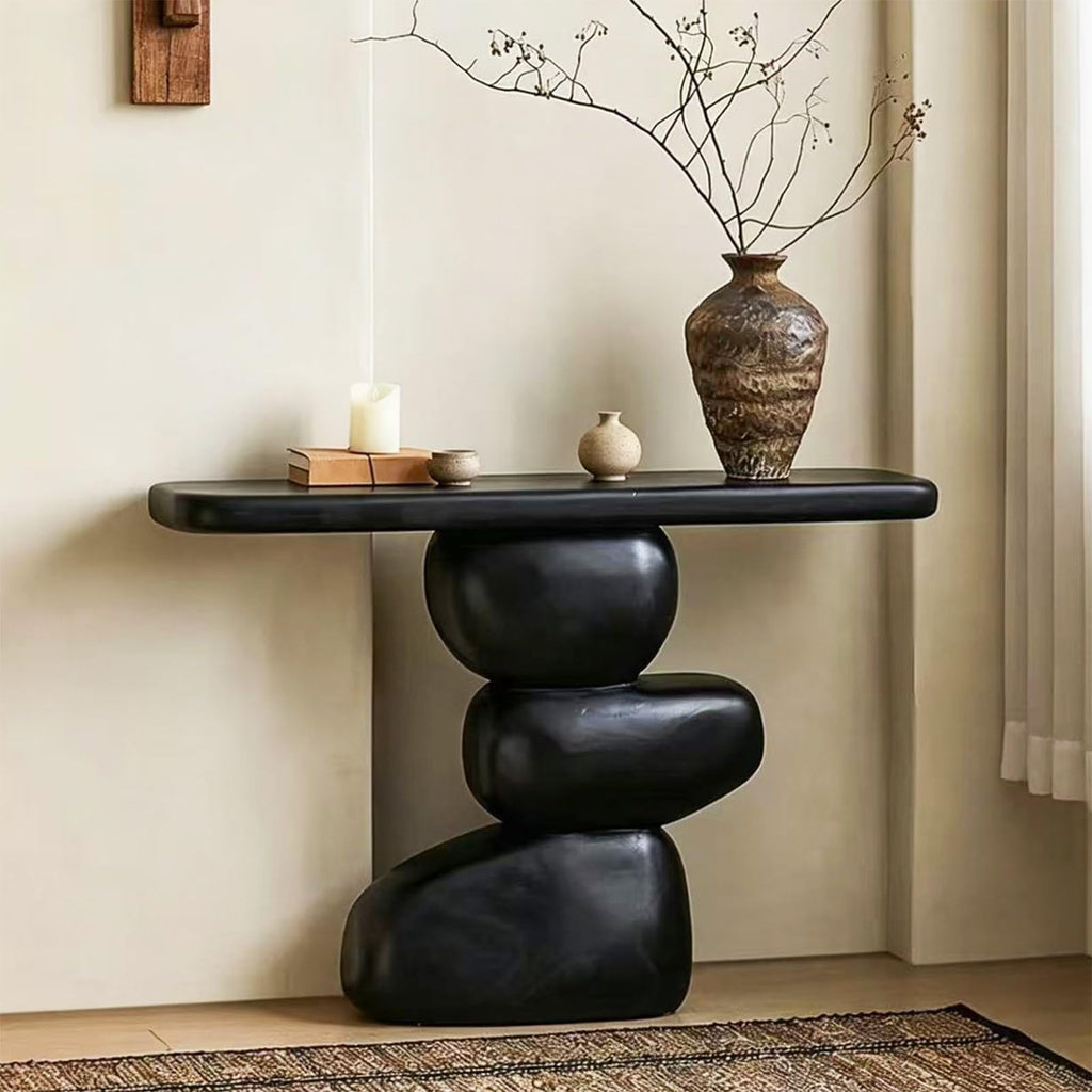 Entryway Console Table, Solid Wood, Cobblestone Round