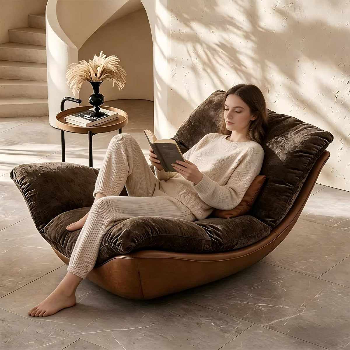 Modern Lounge Chair, Plush Fabric Lounge Chair with Faux Leather Base, Low Profile Lazy Sofa Chair, Ergonomic Curved Upholstered Chair for Living Room, Bedroom, Reading Nook, No Assembly Required