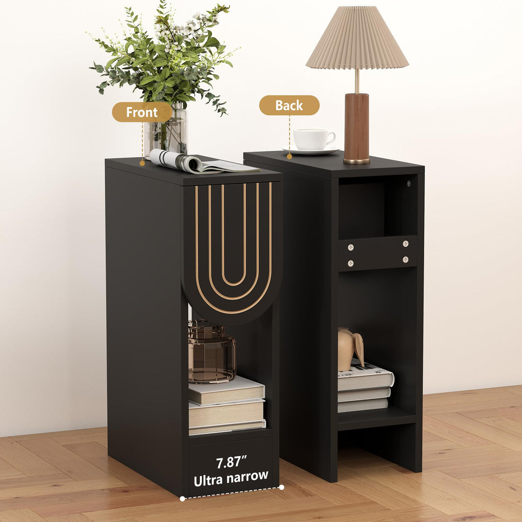 Narrow Carved Wood Nightstands, Set of Two