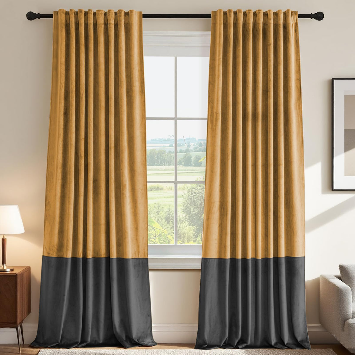 Velvet Color-Block Curtain Set