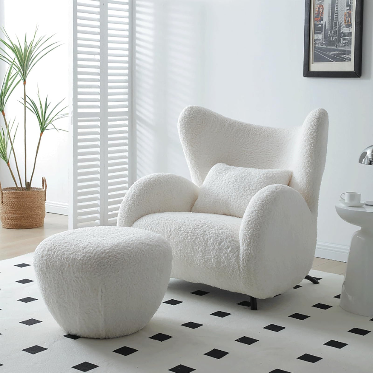 Oversized Boucle Accent Chair, Cream White Sherpa Wingback Chair