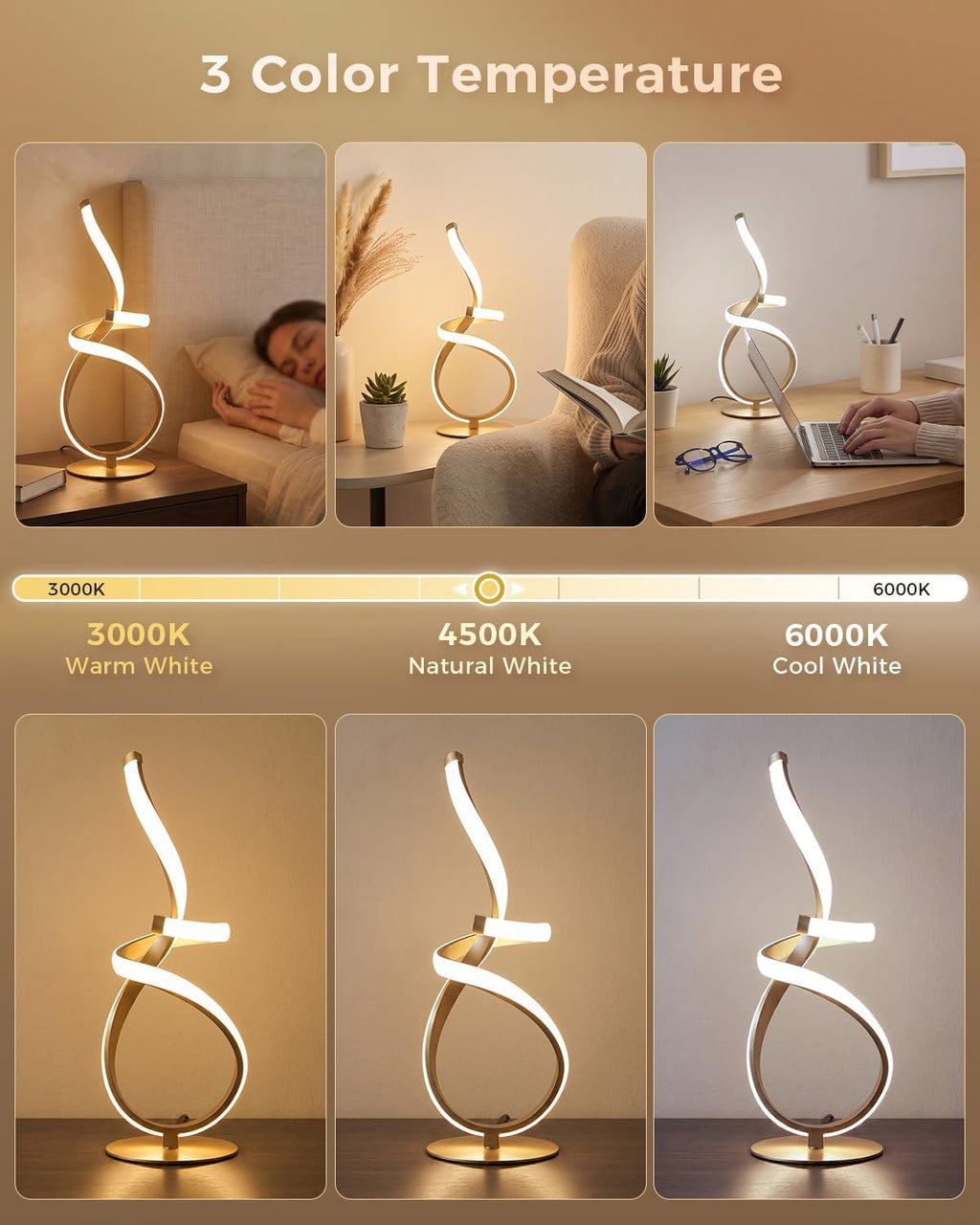 Gold Cool Table Lamps Set of 2, Modern LED Spiral Desk Lights