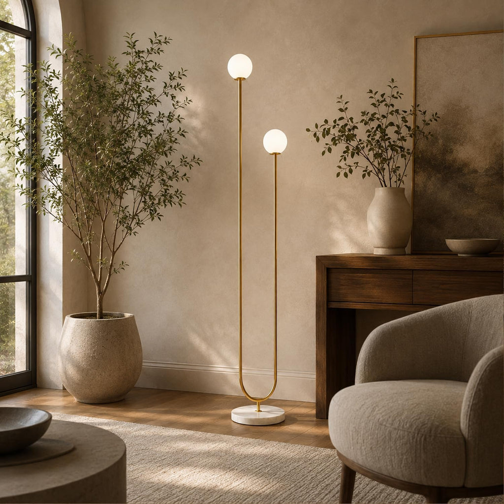 Mid-Century Modern U-Shaped Floor Lamp with Frosted Glass Shades