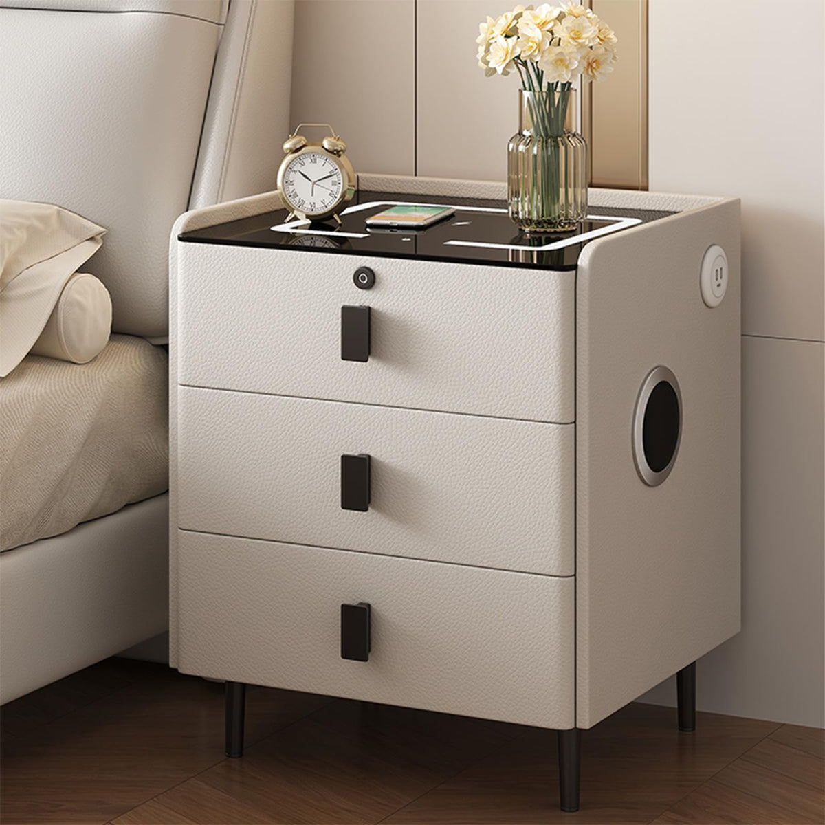 Smart Nightstand with Bluetooth Speaker,Led Nightstands with 3-Drawers and USB-Port,Fingerprint Lock Smart Side Table,3-Colors Lighting Bedside Table