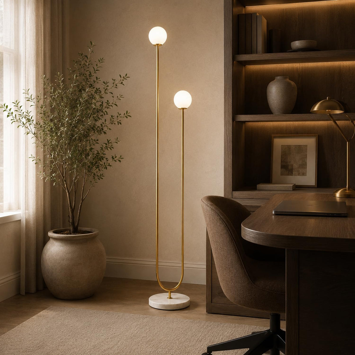 Mid-Century Modern U-Shaped Floor Lamp with Frosted Glass Shades