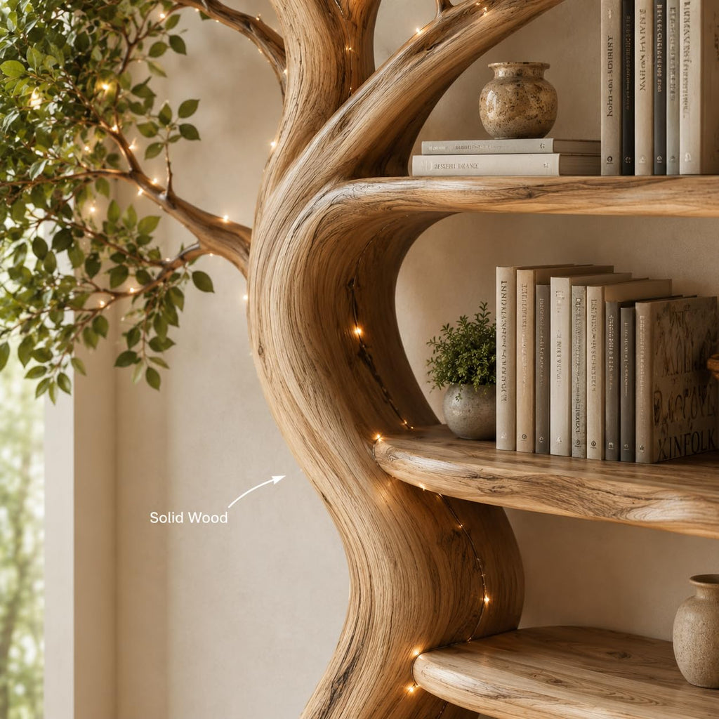 Rustic Tree Bookshelf, Solid Wood 70" H x 60" W Nature Inspired Bookcase with Open Shelves for Living Room Wall Decor (Option 4)