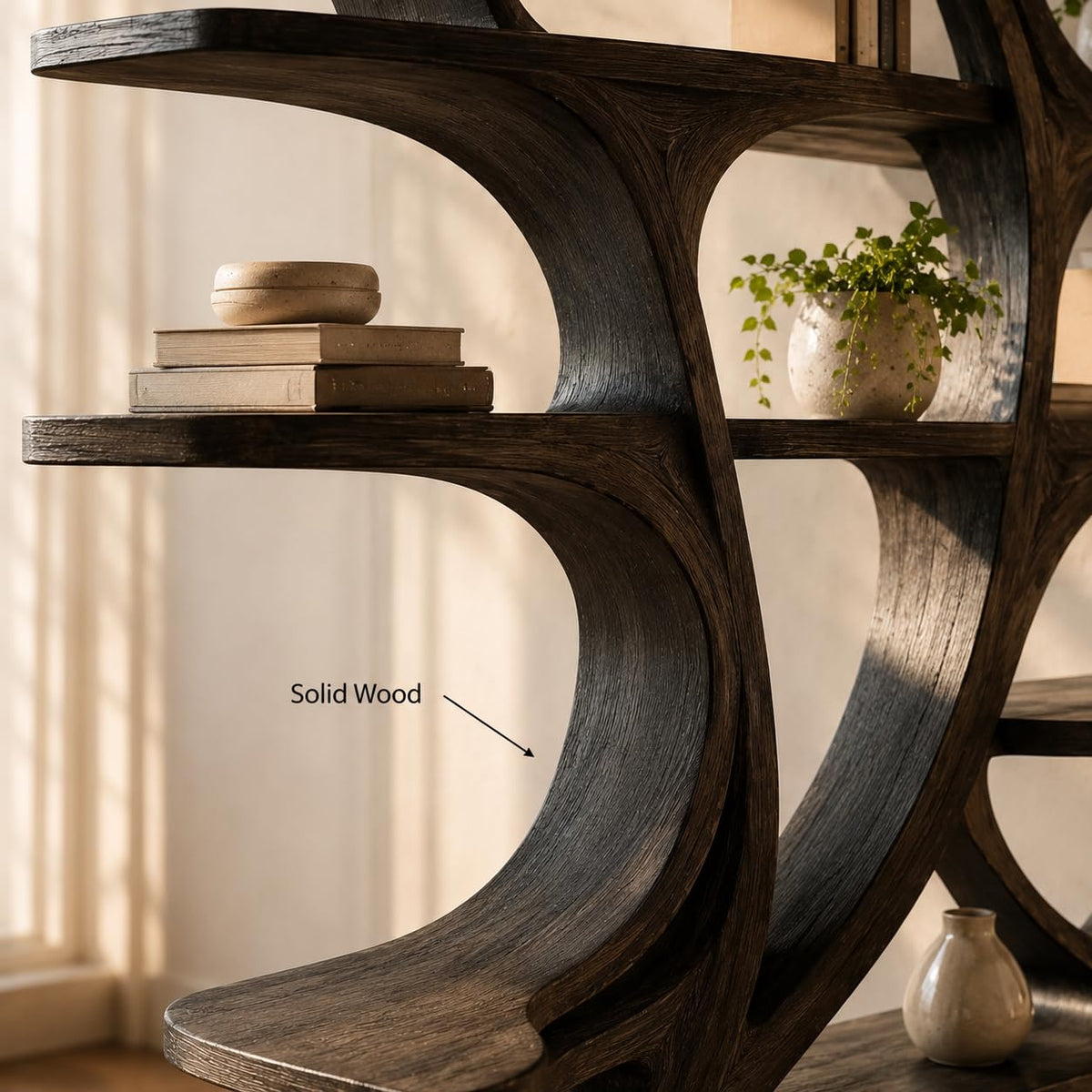 Artistic Wooden Bookshelf, Solid Wood Curved Bookcase with Open Shelves, Freestanding Display Storage for Living Room (Option 2)