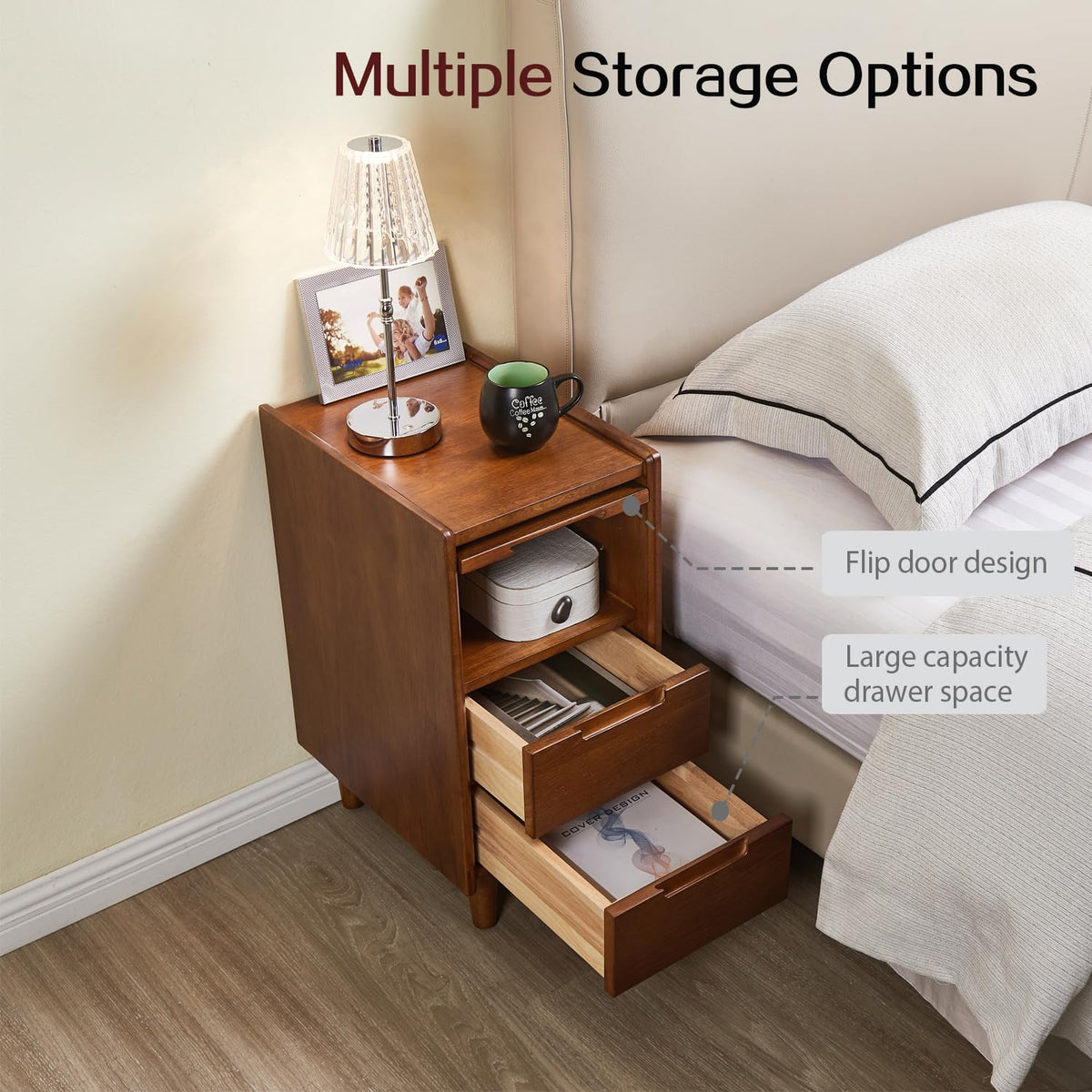 Rubberwood Nightstand with Fluted Glass Door