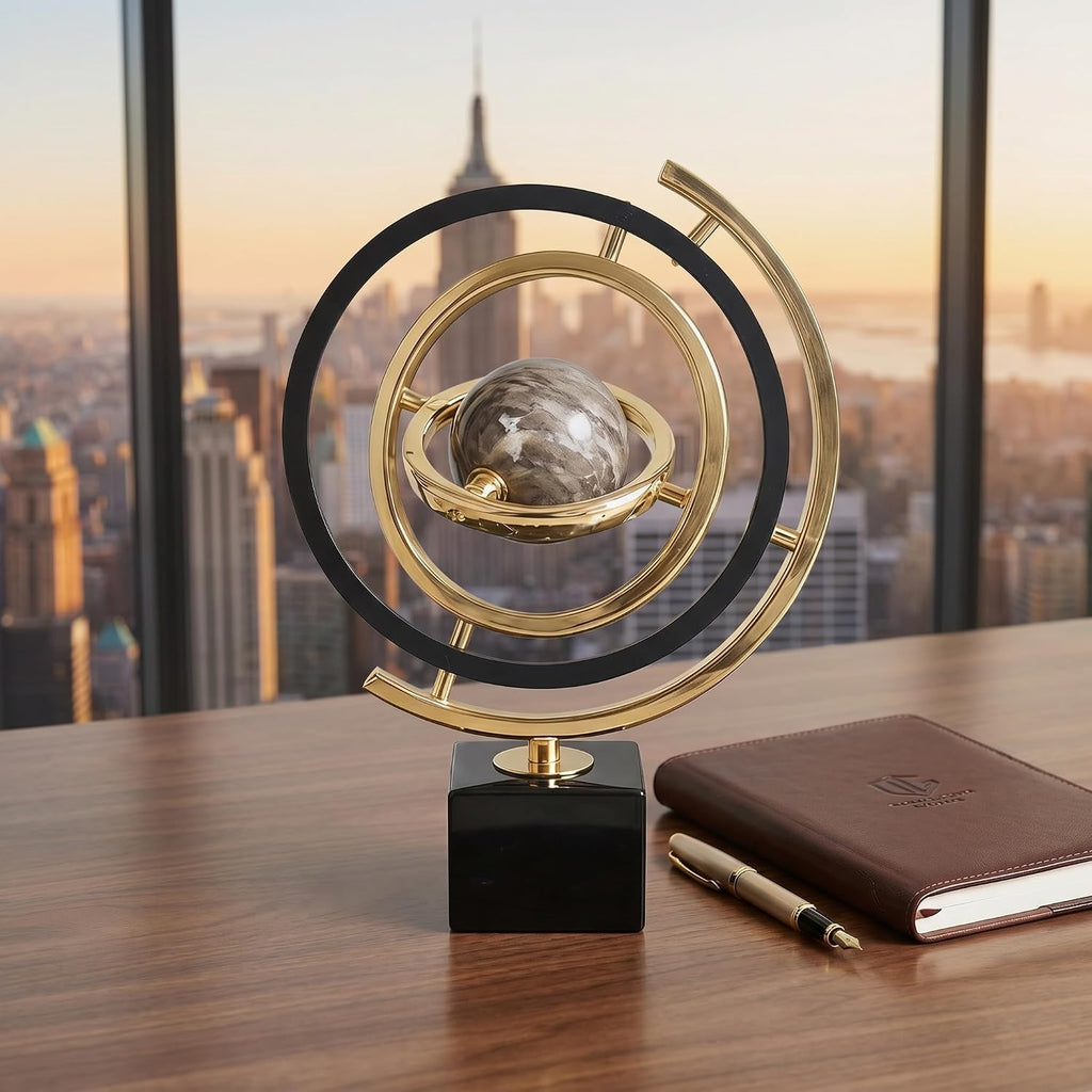 Abstract Metal Globe Sculpture Decor, Modern Black and Gold