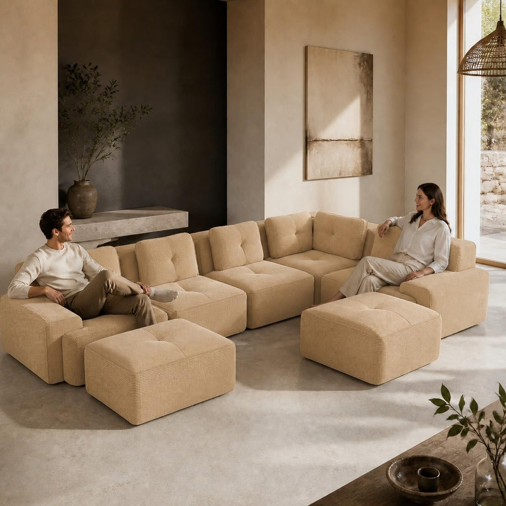 Camel Couch, Corduroy Couch, Boneless Modular Sectional Sofa Set, 5-Seat, Oversized