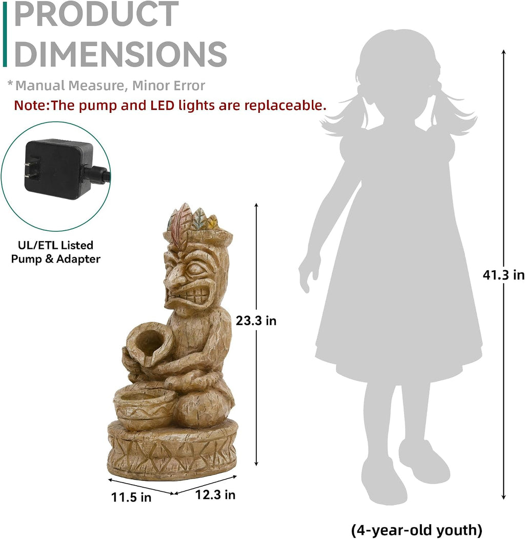 23" H Tiki Statue Outdoor Water Fountain with LED Lights