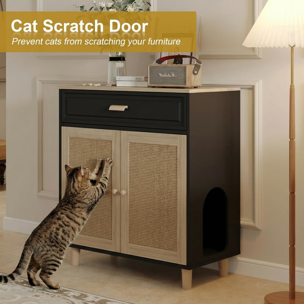 Cat Litter Box Enclosure Furniture Hidden Indoor 2-in-1 Wooden Cat & Washroom Cabinet with Scratching Board Doors and 3 Drawer for 2 Cats, 55"x20"x24"H