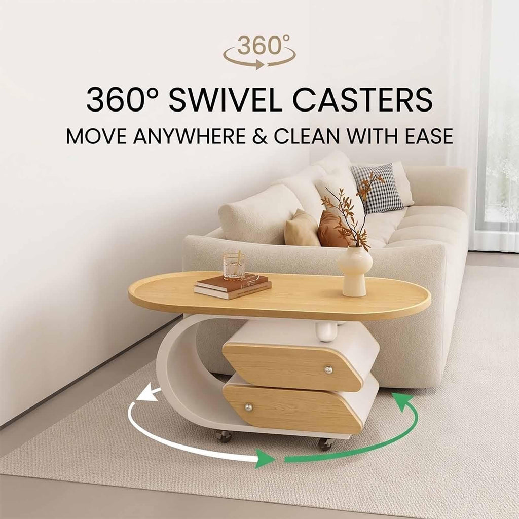 Rolling Wood-Top Storage Side Table