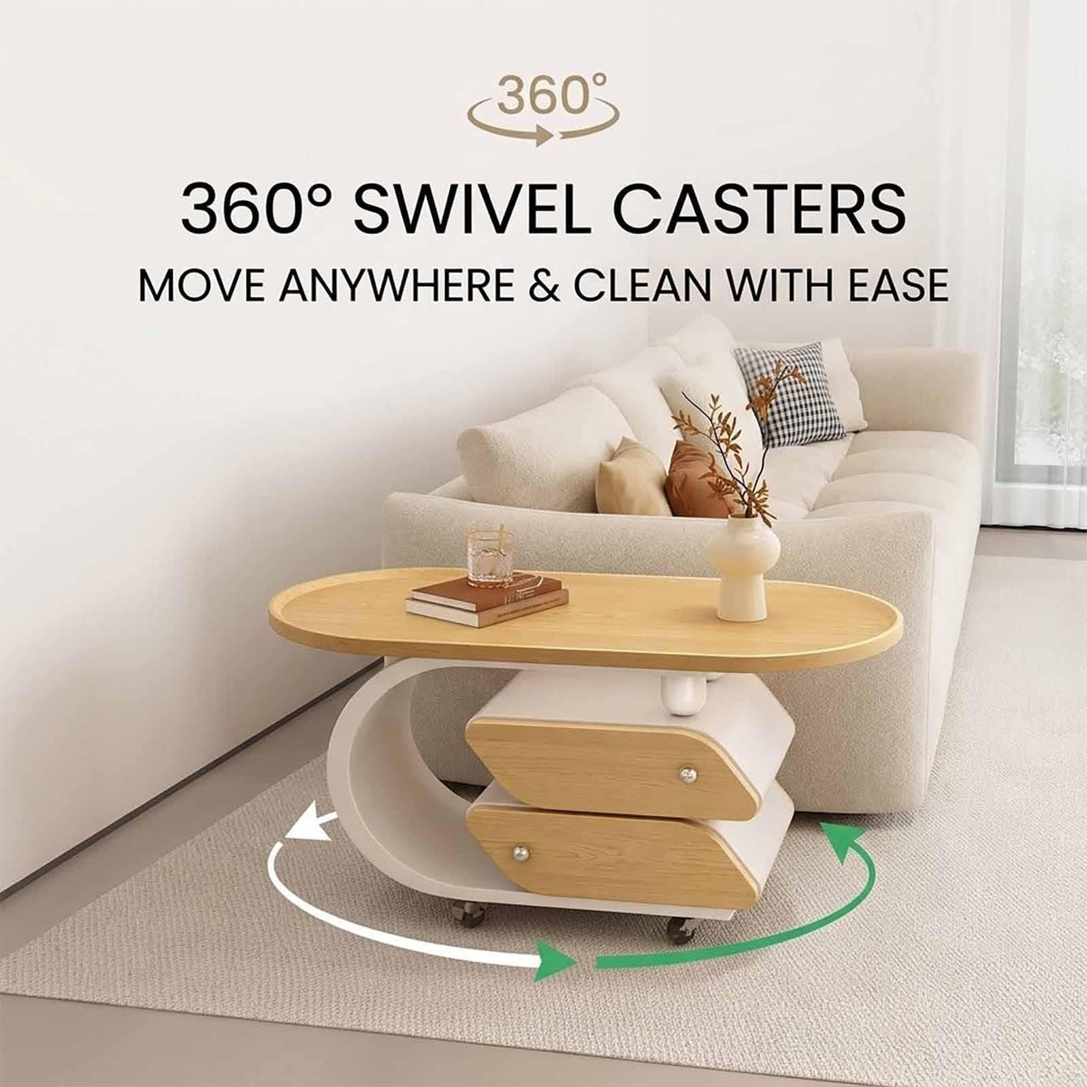 Rolling Wood-Top Storage Side Table