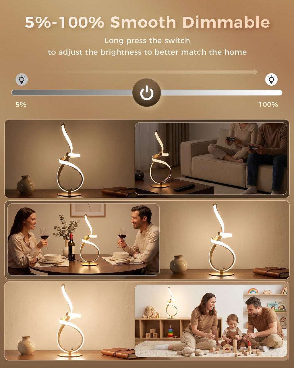 Gold Cool Table Lamps Set of 2, Modern LED Spiral Desk Lights