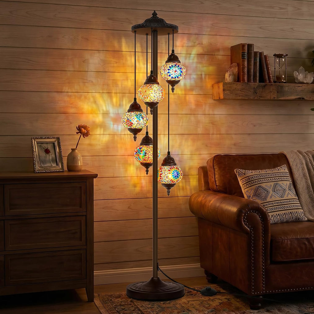 Turkish Mosaic Floor Lamp, 5 Globes Moroccan Lamp Stained Glass