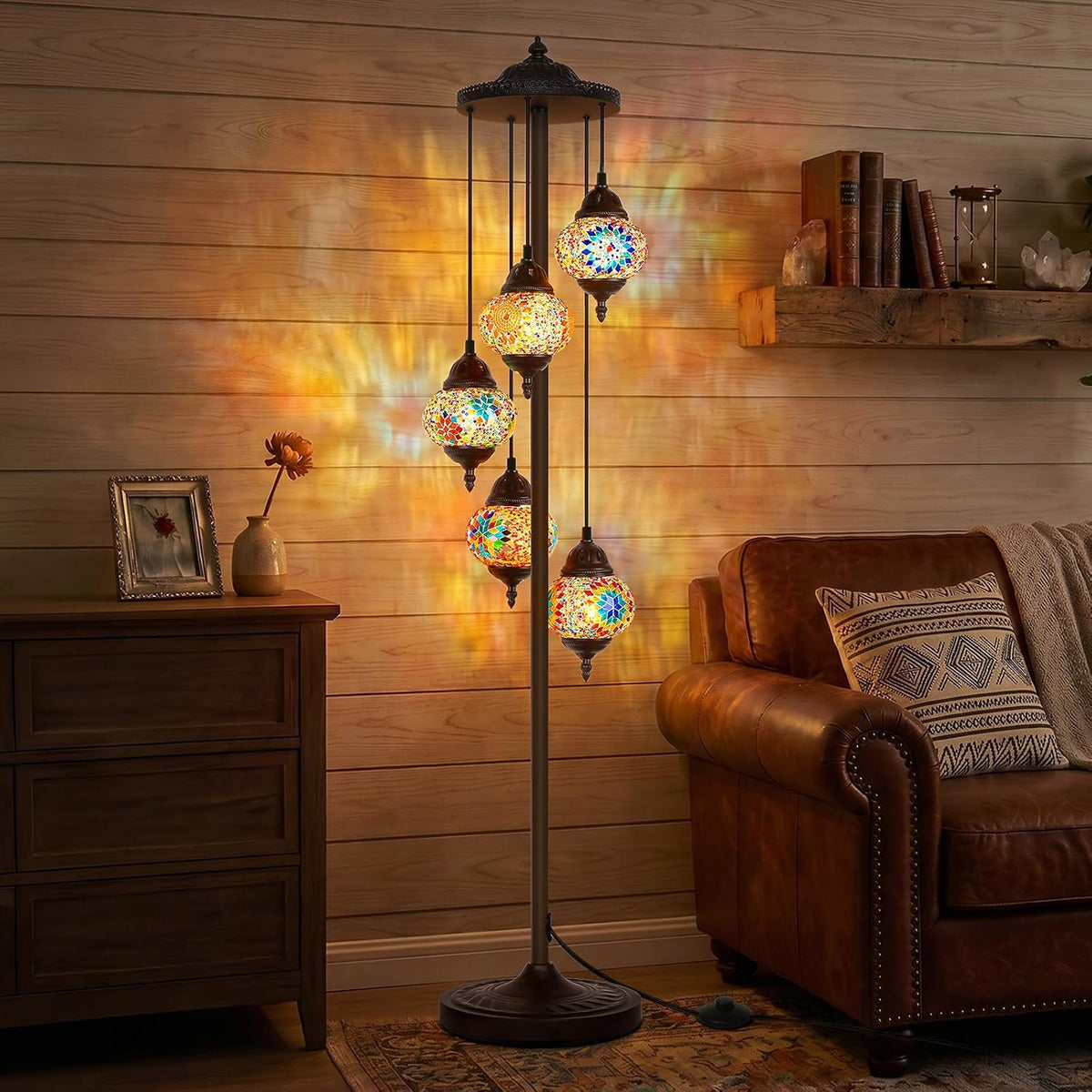 Turkish Mosaic Floor Lamp, 5 Globes Moroccan Lamp Stained Glass