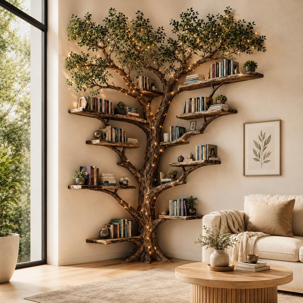 Tree Bookshelf, Handcrafted Natural Wood Tree Branch Wall Bookcase, Sculptural Floating Shelves for Living Room, Study and Home Library, Driftwood Decor