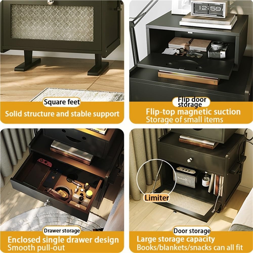 Solid Bamboo Robot Nightstand with 360° Rotating Drawer, Modern End Table for Bedroom or Living Room, Small Accent Table with Storage, Modern Accent Furniture for Home Décor(Black)