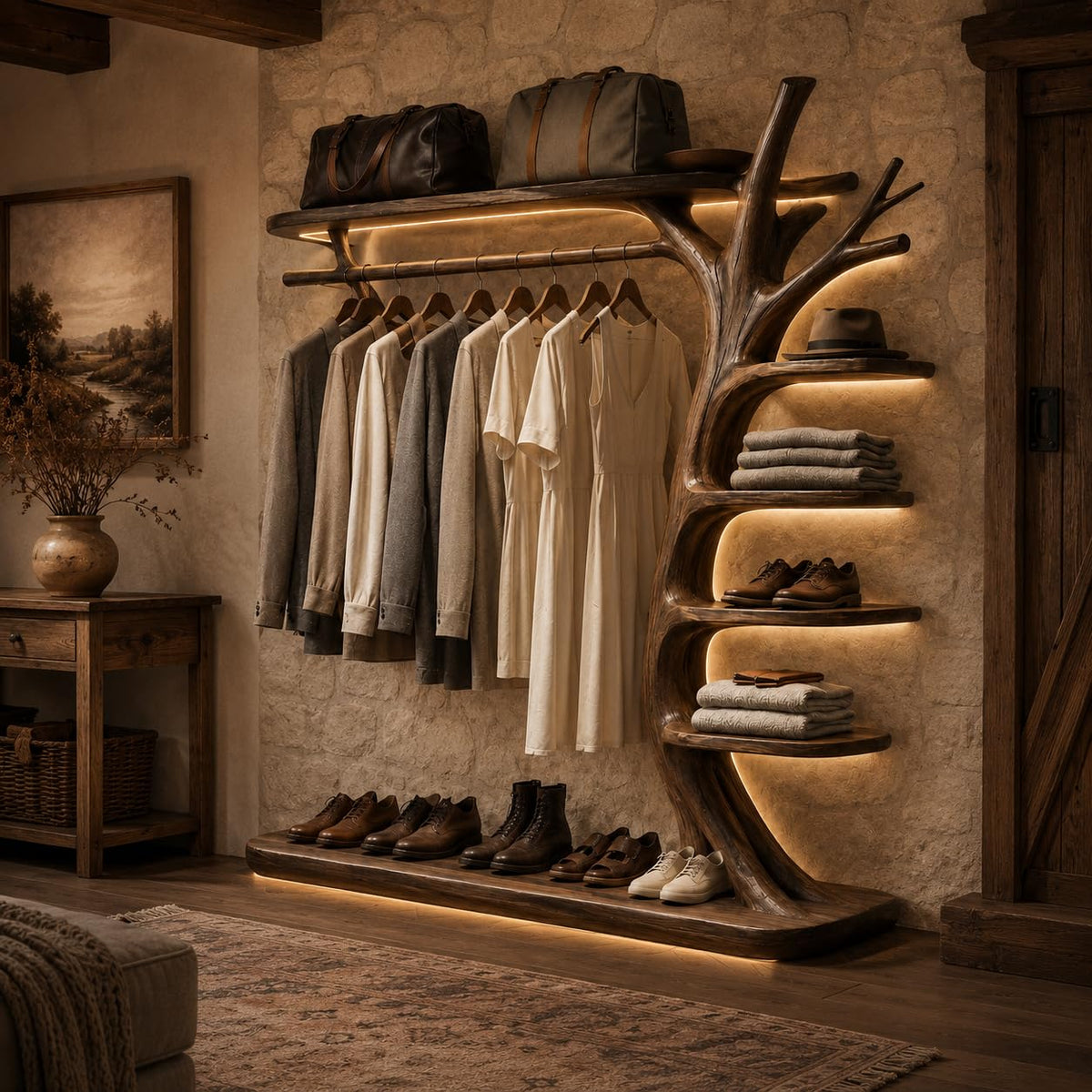 Rustic Coat Rack with Shoe Shelf, 70” H x 60” W Entryway Hall Tree Organizer for Mudroom, Hallway, Foyer Storage (Option 2)