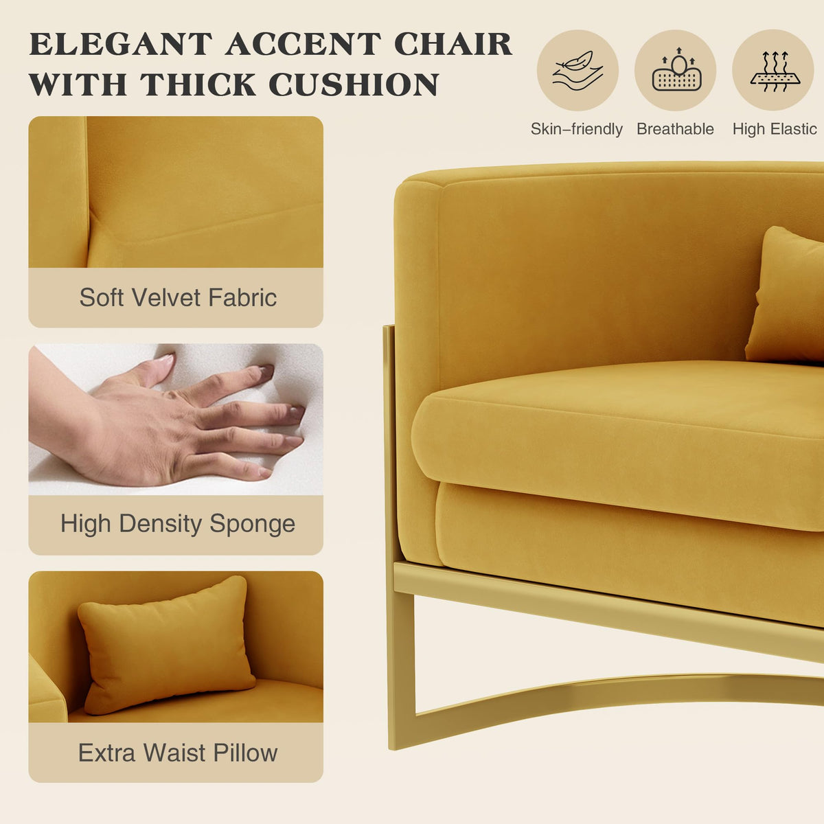 Velvet Accent Chair Ivory Modern Barrel Chair with Gold Legs
