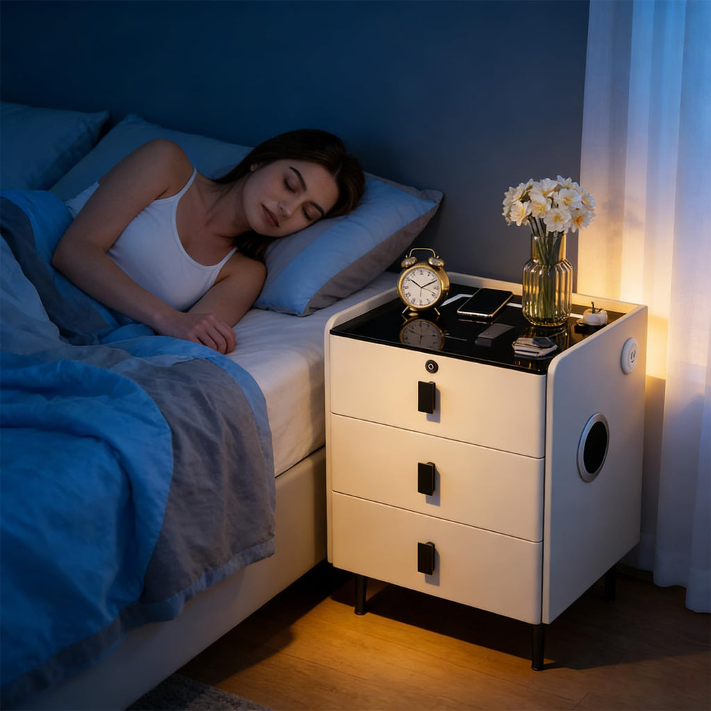 Smart Nightstand with Bluetooth Speaker,Led Nightstands with 3-Drawers and USB-Port,Fingerprint Lock Smart Side Table,3-Colors Lighting Bedside Table