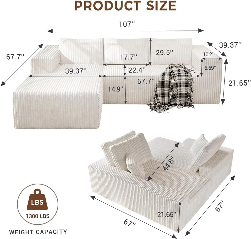 106" Modular Corduroy Cloud Sectional Sofa