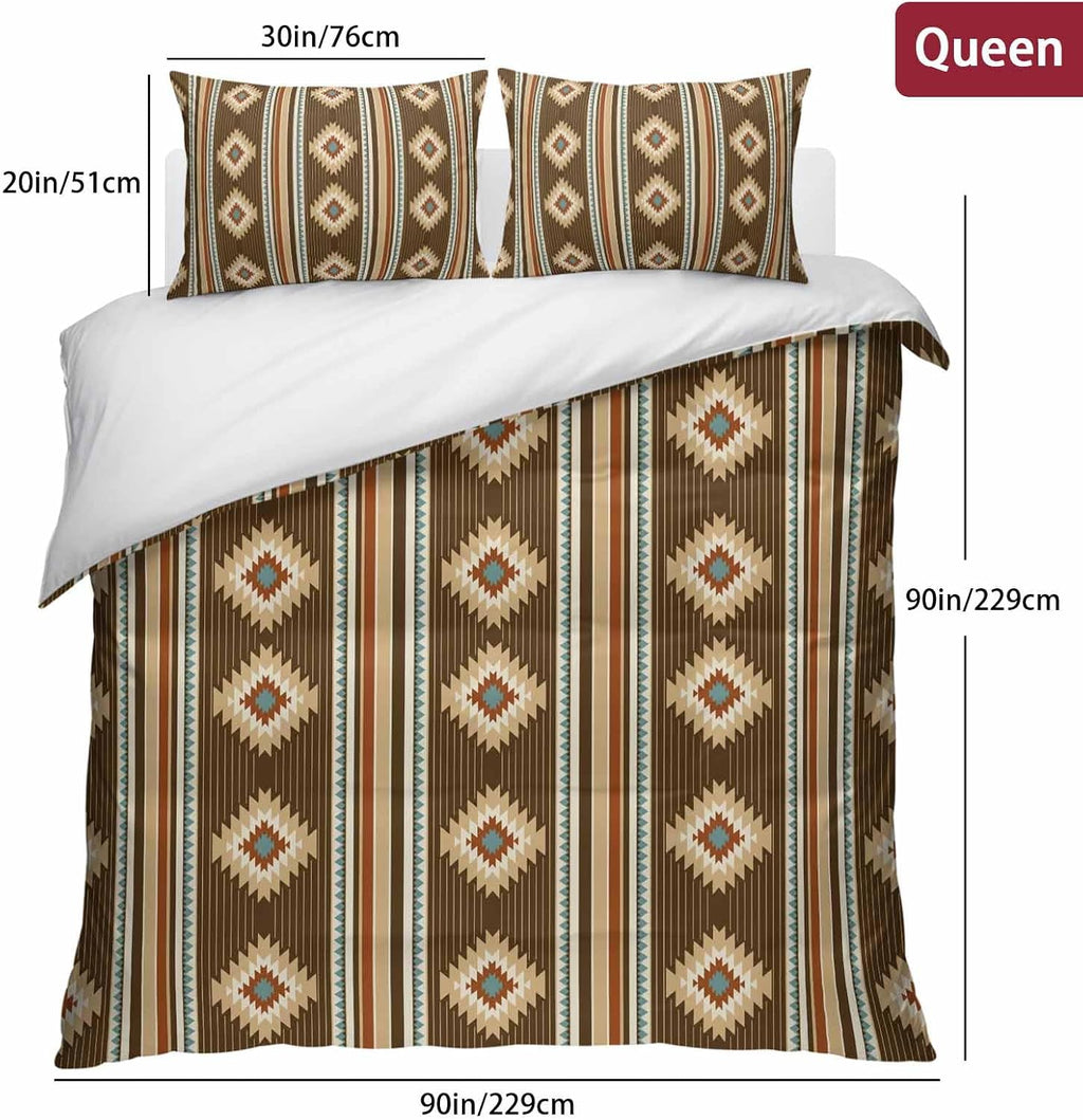 3 Pieces Duvet Cover Queen Bedding Sets Western Ethnic Brown Geometric Luxury Soft
