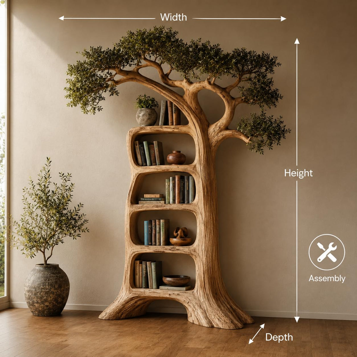 Rustic Tree Bookshelf, Solid Wood 70" H x 60" W Nature Inspired Bookcase with Open Shelves for Living Room Wall Decor (Option 4)
